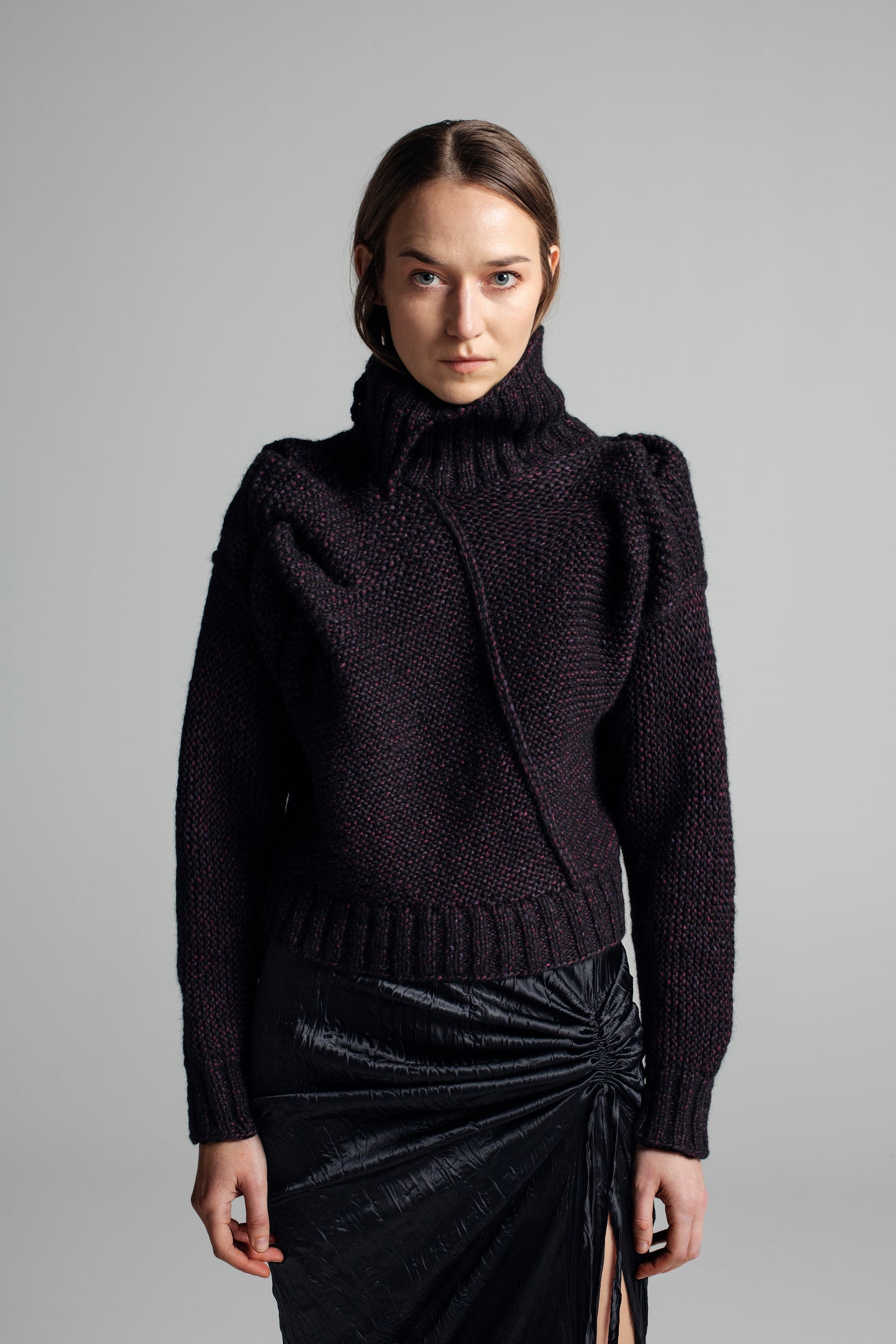 Cropped turtleneck cable knit sweater