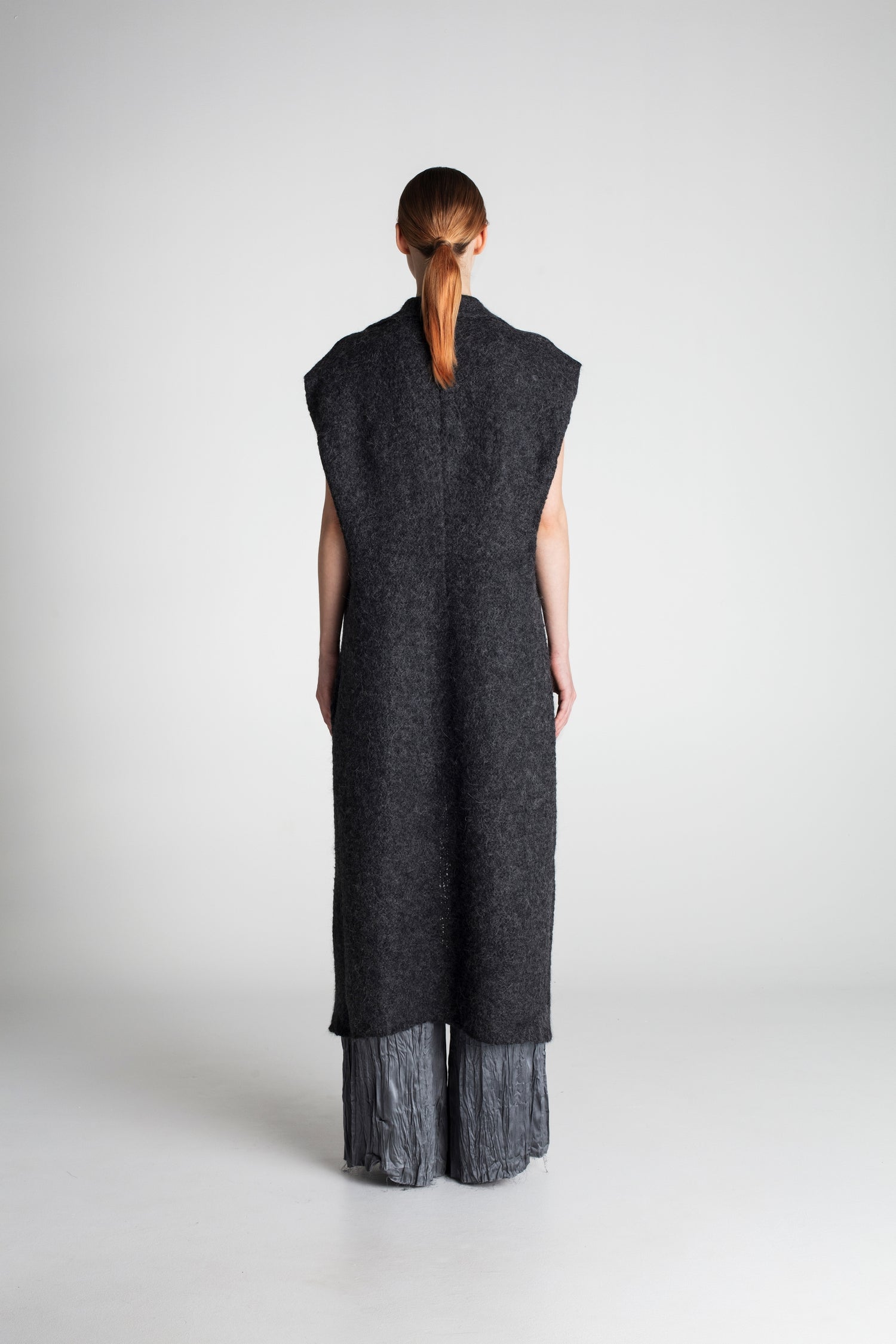Designer maxi knitwear wrap vest in grey alpaca